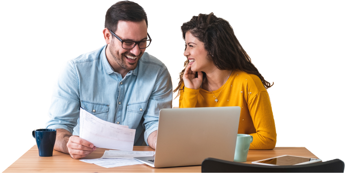 Couple reviewing annuity information and documents together on a laptop to learn about annuity help and education.