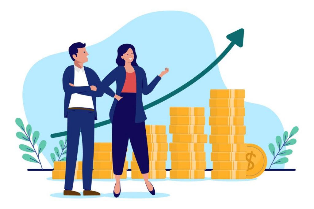 Illustration of two people with growing stacks of coins representing how annuities can provide reliable income over time.
